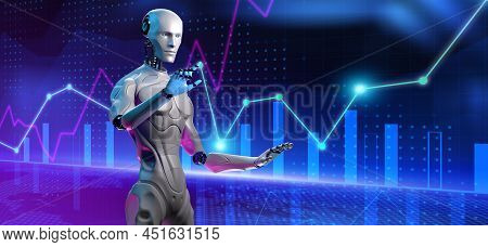 Robotic Data Analysis Automation Trading Robot. Business Finance Technology Concept. 3d Render
