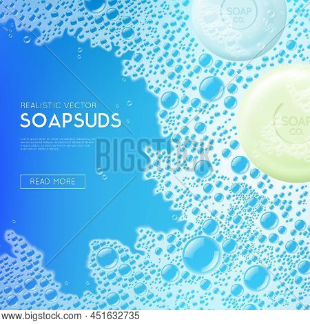 Sudsy Blue Water Realistic Background Poster Webpage Design With Round Soap Bars And Read More Butto