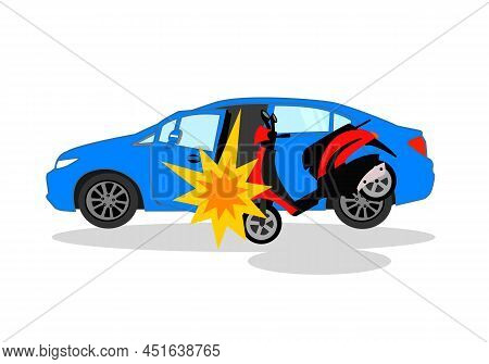 Accident Between Two Cars. A Blue Car Crash A Red Car. Unsafe Car Driven On The Road.