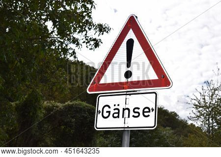 Geese Warning Sign In Germany, A Real Traffic Sign