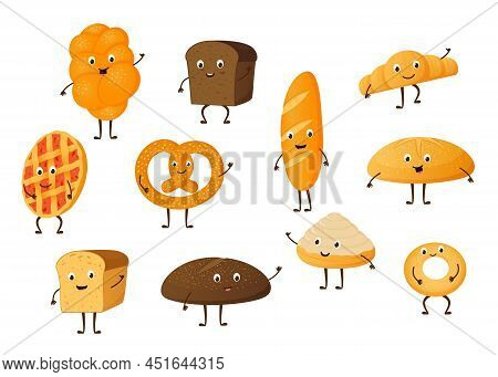 Bread Characters. Cartoon Bakery Mascots With Hands Legs And Funny Faces For Grocery And Bakery. Vec
