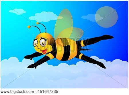 Honey Bee Cartoon Flying On Sky Illustration