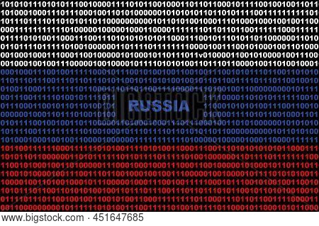 Hacker Russia. Digital Russian Flag And A Binary Background Cybersecurity Concept With 0 And 1. Comp