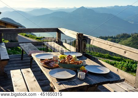 Breakfast In A Traditional Hutte In Tirol Alms With Fruits And Wurst