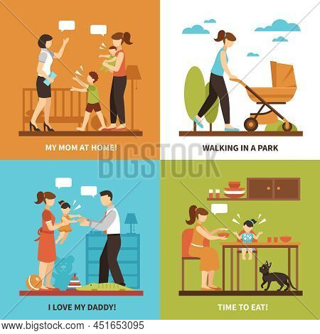 Nanny Concept Icons Set With Children And Walking Symbols Flat Isolated Vector Illustration