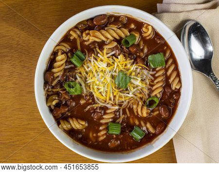 Rotini Pasta With Chili  Top With Chedder Jack Cheeseand Green Onion