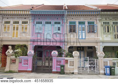 Singapore- Mar 26, 2020: Colorful Peranakan Heritage Residential House At Joo Chiat Road In Singapor