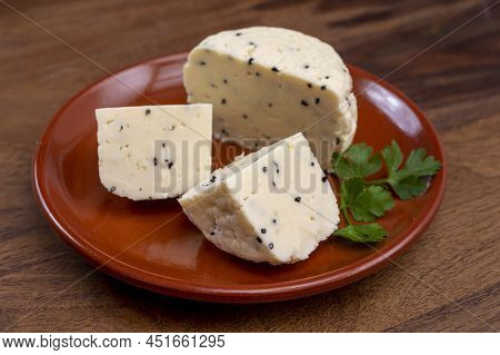 Traditional Polish White Cheese With Black Chives Seeds Made In North Poland In Kaszebe Area Near Gd