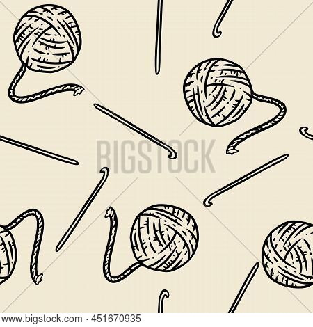 Cute Cartoon Yarn And Crochet Hook Doodles Seamless Border Pattern. Vector Repeatable Background Til
