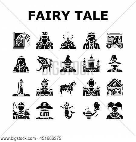 Fairy Tale Magical Story Book Icons Set Vector. Fairy Tale Witch Goblin, Kingdom Castle Building Gin