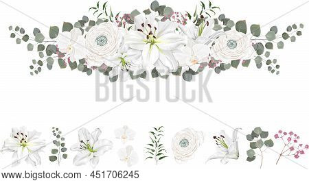 Floral Vector Border. White Lilies, Orchids, Roses, Rununculus, Eucalyptus, Pink Gypsophila, Green P