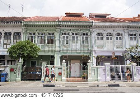 Singapore- Mar 26, 2020: Colorful Peranakan Heritage Residential House At Joo Chiat Road In Singapor