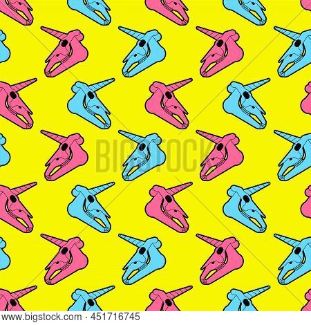 Unicorn Skull Pattern Seamless. Magic Horse With Horn Cranium Background. Vector Texture