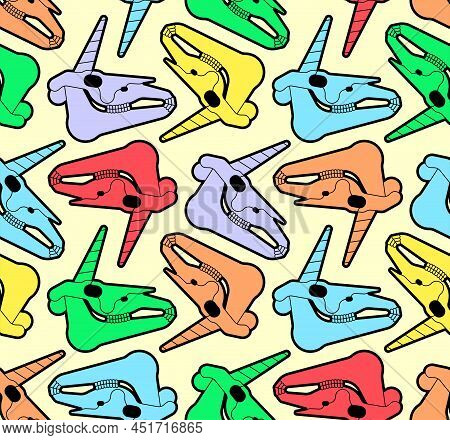 Unicorn Skull Pattern Seamless. Magic Horse With Horn Cranium Background. Vector Texture