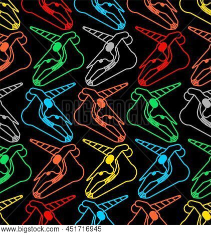 Unicorn Skull Pattern Seamless. Magic Horse With Horn Cranium Background. Vector Texture