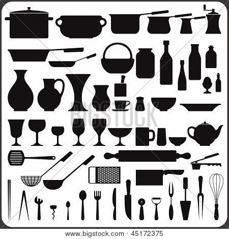 Keukengerei van 57 object silhouetten instellen