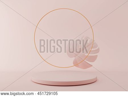 Podium With Golden Ring And Monstera Leaf On Pink Background. Elegant Podium For Product, Cosmetic P