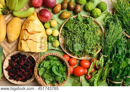 Organic Southeast Asian Vegetables And Fruits From Local Farmer Market In Summer Season, Northern Of