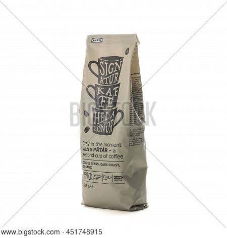 Patar Coffee Pack From Ikea Isolated On A White Background. A Rich Coffee Taste With Notes Of Dark C