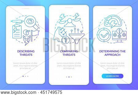 Dealing With Threats Blue Gradient Onboarding Mobile App Screen. Walkthrough 3 Steps Graphic Instruc