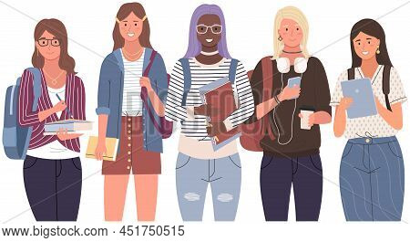 Diverse College, University Students Standing In Line. Group Of Young People, Multicultural Women. M