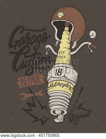 Motorcycle Spark Plug In Vintage Style For T-shirt And Other Uses
