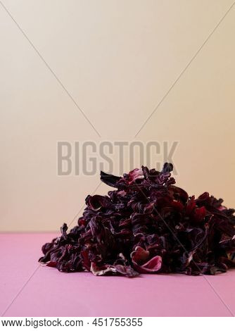 Herbal Tea, Dry Hibiskus Flower, Immune Booster In Color Background