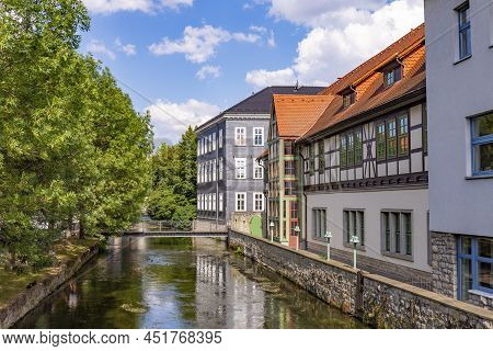 Old Historic Houses At Idyllic River Gera In Erfurt, Germany