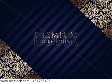 Premium Dark Blue Background With Ornamental Golden Corners And Centered Space For Text. Vector Illu