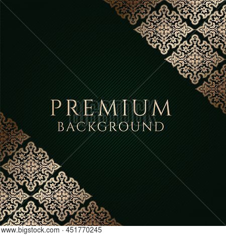 Premium Dark Green Background With Ornamental Golden Corners And Centered Space For Text. Vector Ill