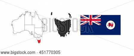 Tasmania Map. Flag Of Tasmania. States And Territories Of Australia. Vector Illustration