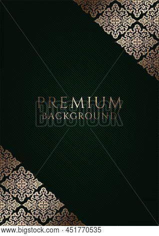 Premium Dark Green Background With Ornamental Golden Corners And Centered Space For Text. Vector Ill