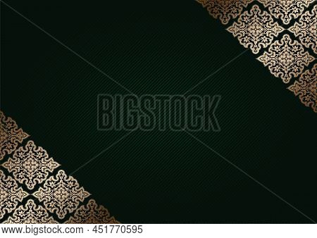 Premium Dark Green Background With Ornamental Golden Corners And Centered Space For Text. Vector Ill