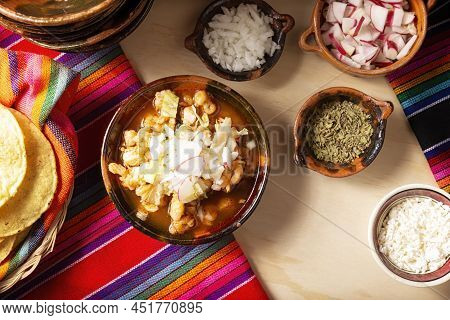 Pozole Rojo. Traditional Mexican Stew Very Popular In Mexico And Neighboring Countries. Made From Ca