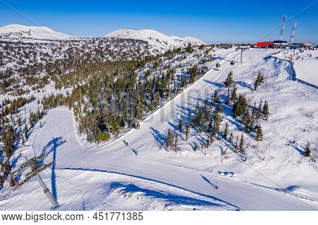 Aerial Top View Sheregesh Ski Lift Resort Winter, Landscape Mountain And Hotels, Russia Kemerovo Reg