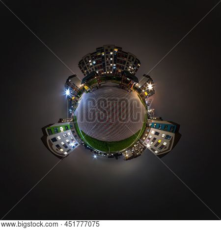 Tiny Planet In Night Sky With Clouds In Modern Multi-storey Multi-apartment Residential Complex Of U
