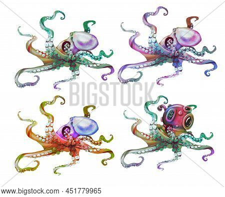 Set Watercolor Octopus. Rainbow Octopus. Sea Pulpa, Devilish With Tentacles Illustration