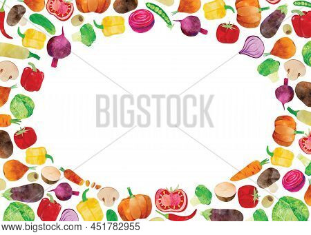 Hand-drawn Watercolor Vegetable Frame Border. Ingredients Such As Carrot, Beetroot, Cabbage And Chil