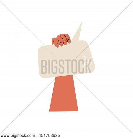 Mans Hand Up Holding White Speech Bubble With Idea Comment Information Opinion Or Message. Voter Wit