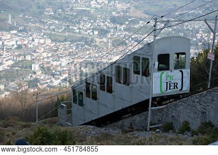 Lourdes, France : 2022 March 27 : Funicluar And Cityscape Of Lourdes In France From Funicular Pic De
