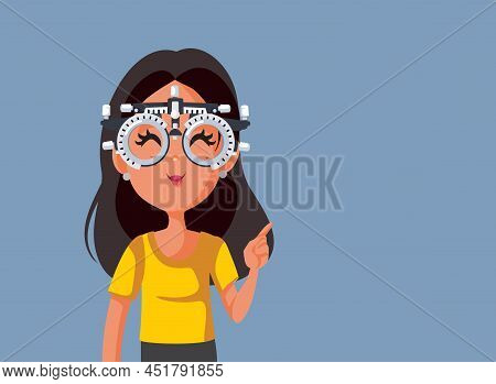Woman Wearing A Trial Frame Pointing To The Side Vector Cartoon