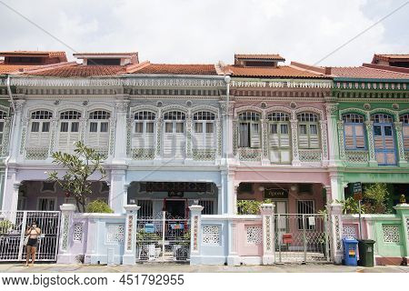 Singapore- Mar 26, 2020: Colorful Peranakan Heritage Residential House At Joo Chiat Road In Singapor