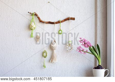 Macrame Flower Accessory. Easter Time. Spring Easter Walhanging Decor On Wooden Stick.
