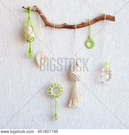 Macrame Flower Accessory. Easter Time. Spring Easter Walhanging Decor On Wooden Stick