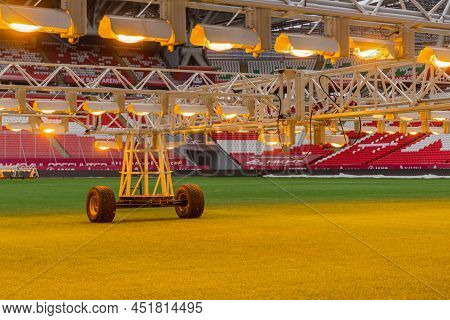 Kazan, Russia. 2022 March 28. Assimilation Lighting In Soccer Stadium. Lighting Assimilation Off Gra