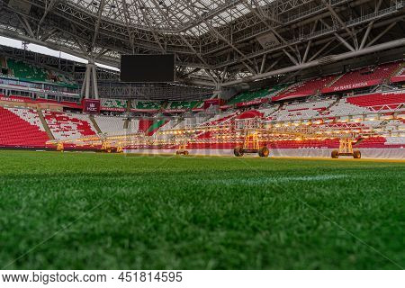 Kazan, Russia. 2022 March 28. Assimilation Lighting In Soccer Stadium. Lighting Assimilation Off Gra