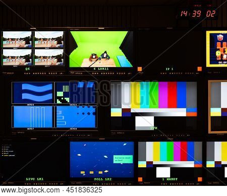 Schaerbeek, Brussels Capital Region, Belgium - 03 26 2022 - Screens In The Control Room Of The Flemi