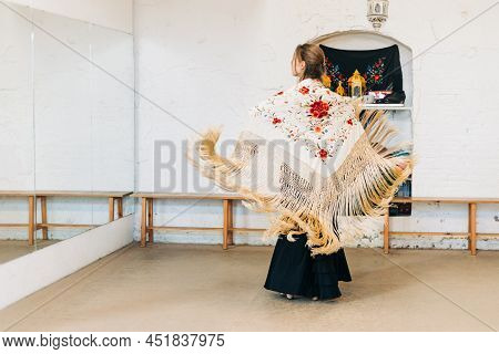 Flamenco Woman Dancer On Her Back With Manila Shawl In Motion
