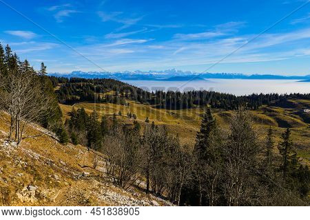 On The Sentes De La Dole From La Rippe, Jura Mountains, Switzerland, In Autumn, High Quality Photo