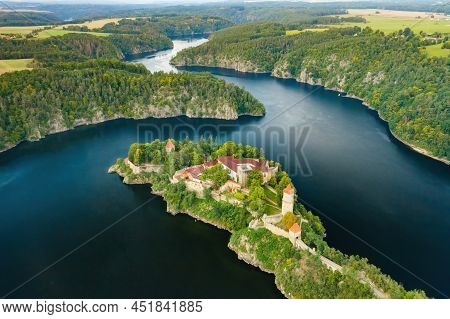 Panoramic View Of Zvikov Castle On The Hill Surrounded By River Vltava And Otava In South Bohemia Re